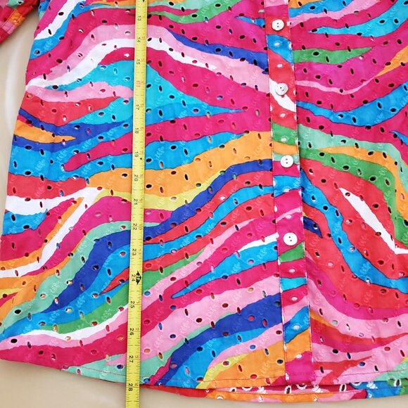 John Mark Eyelet Embroidered Watercolor Roll-Tab Sleeve Button Front Top Large - Picture 12 of 14